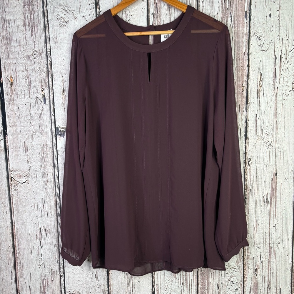 CAbi Size Large Style 3092 Entice‎ Blouse Plum Purple Sheer Chiffon Pleated Top